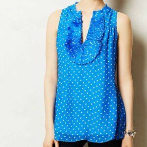 EUC Anthropologie Blue Tassel Polka Dot Silk Ruffle Top Size S